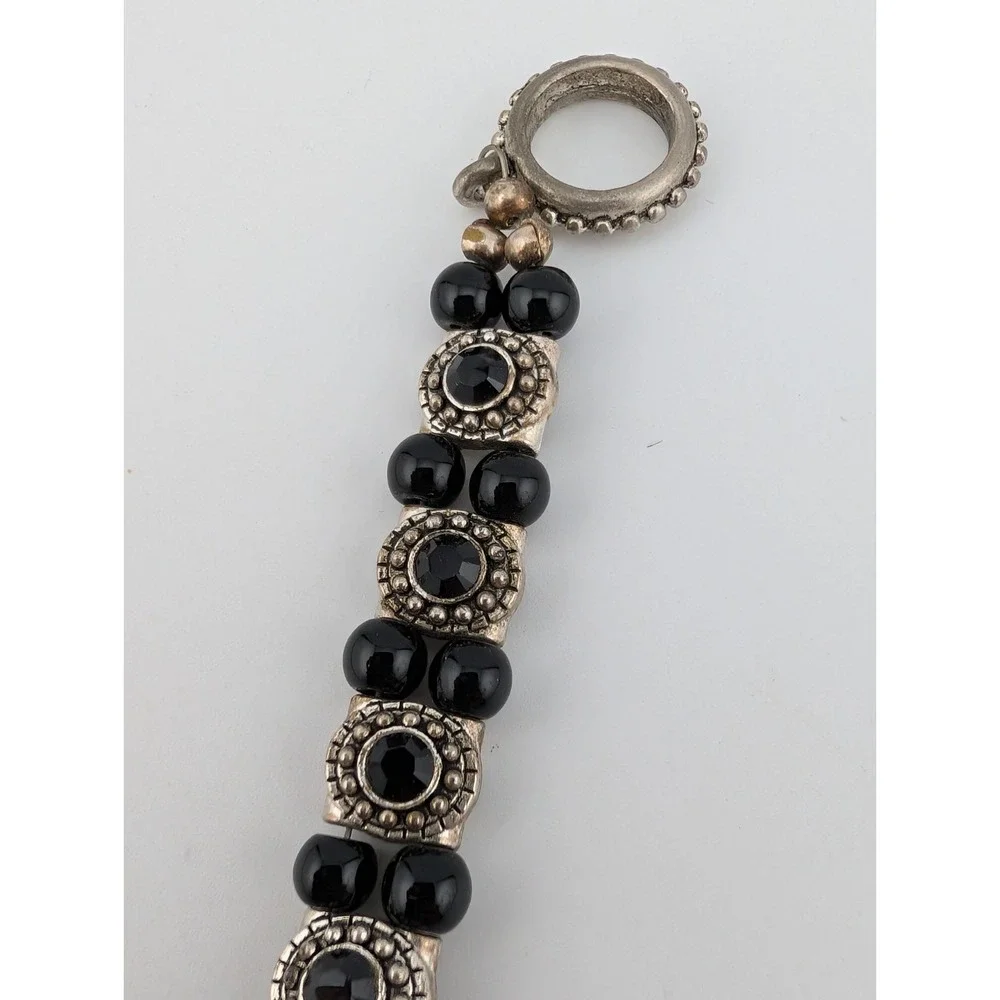 Geneva Watch Women 19mm Case Silver & Black Beaded Band Toggle Clasp New Battery